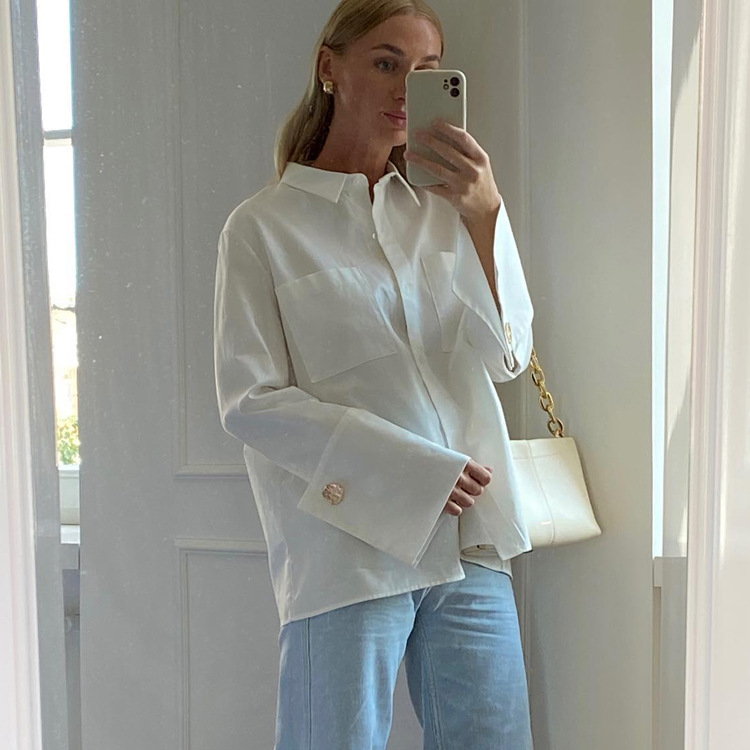 New 2023 spring long-sleeved double-pocket shirt fashion design sense niche white shirt top Export-Oriented Factory Custom Solutions