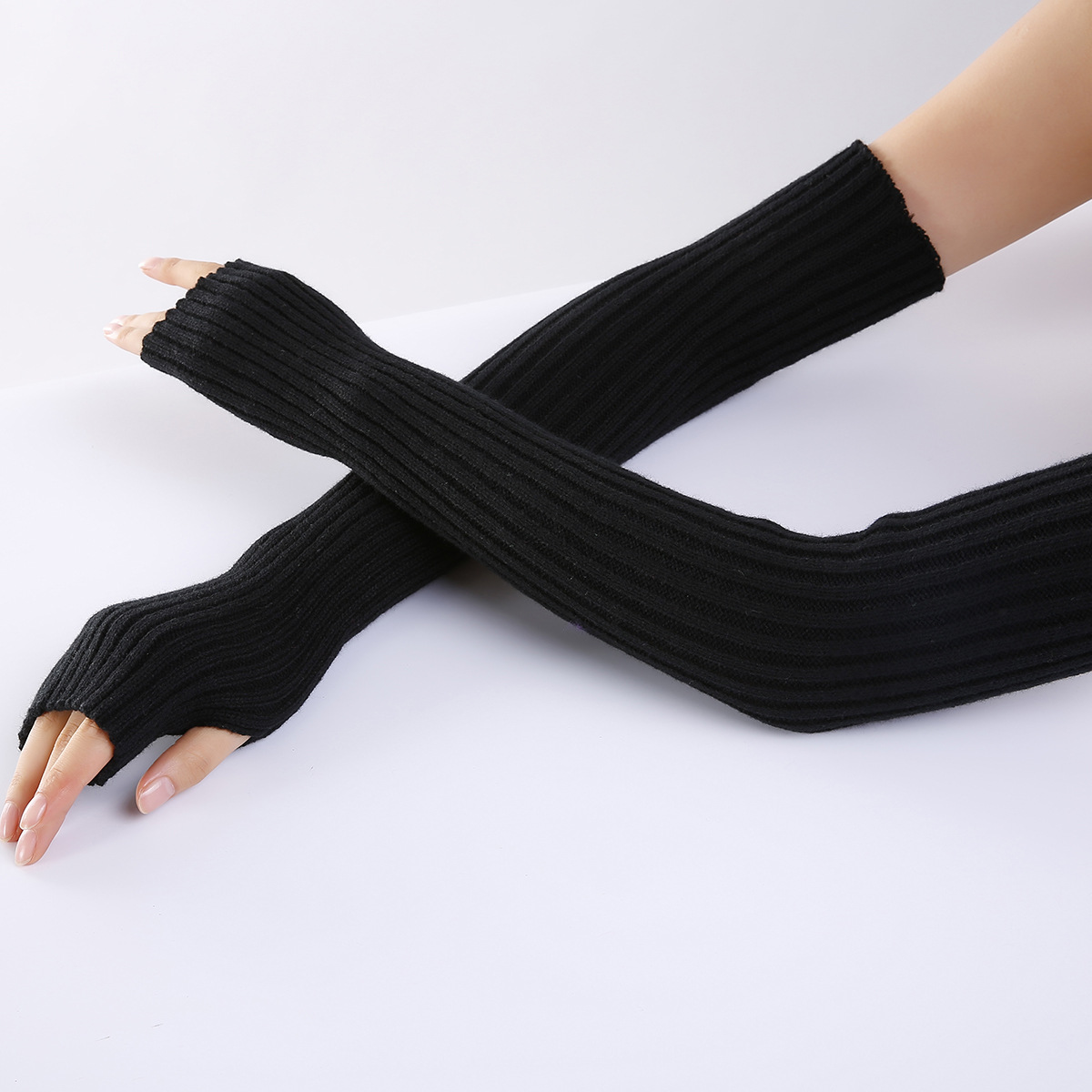 Winter Gloves Women Warm Long Knitting Gloves Stretch Fingerless Mittens Solid Classic Black Guard Arm Private Label Manufacturing Innovation