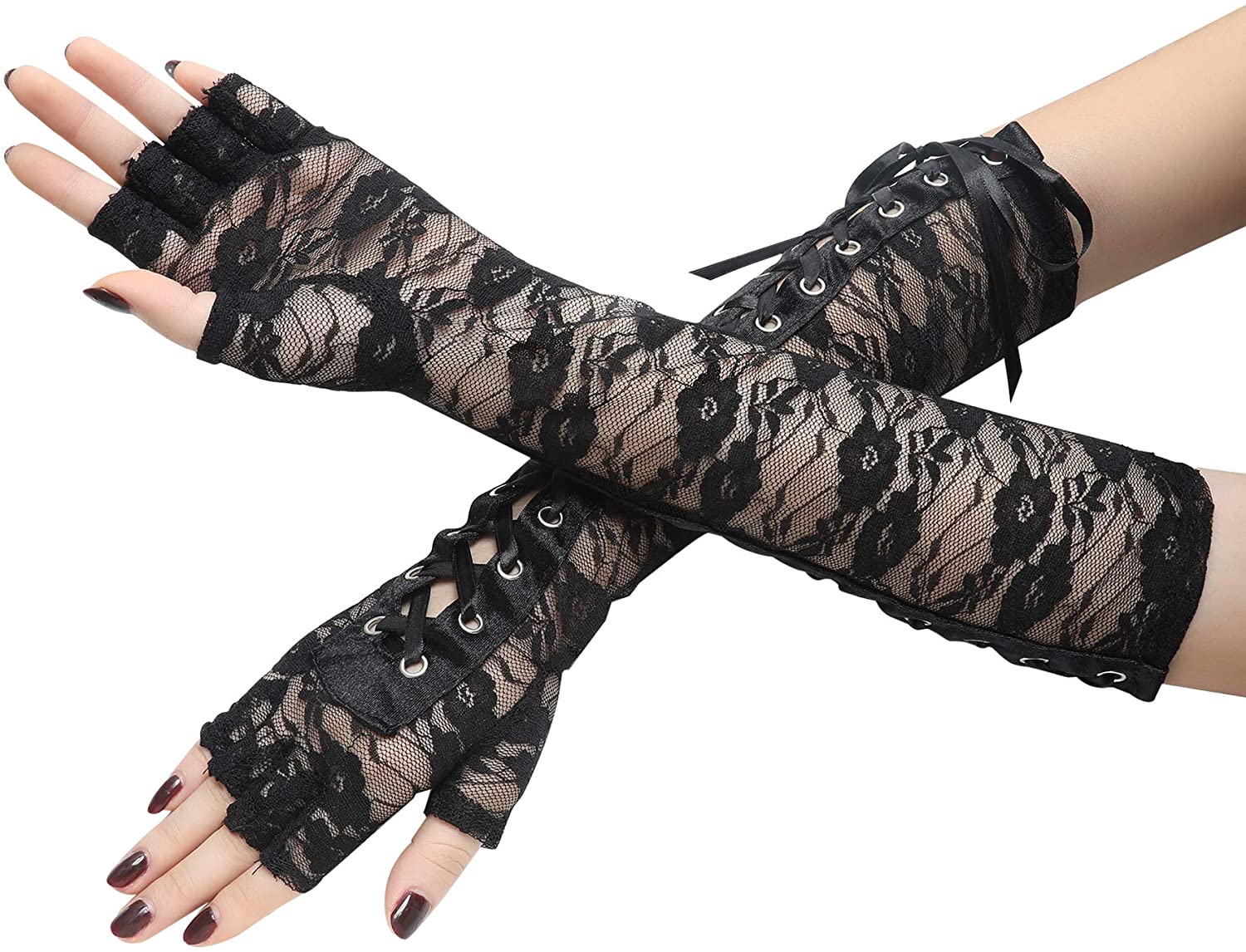 Womens Sexy lace gloves  Elbow Length Punk Fingerless Goth Black Misa Amane Cosplay Accessories Fishnet Mesh Party LACE Gloves Manufacturing Services Solutions