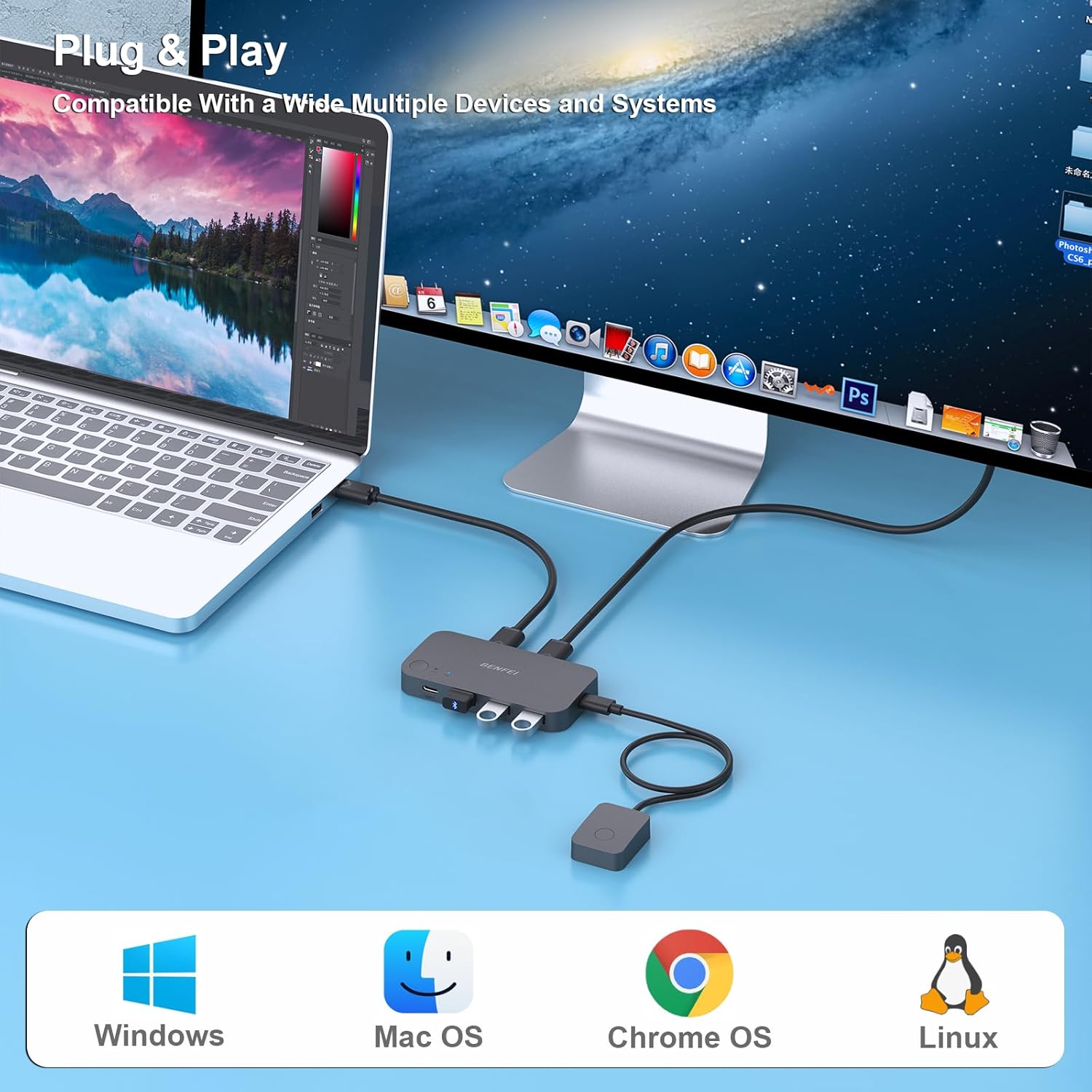 BENFEI 2 in 4 USB Switch With 3xUSB 3.0 Ports and 1xUSB-C Port Supports up to 5Gbps Data Transfer Speed USB KVM Switch Selector Export-Oriented Factory Wholesale