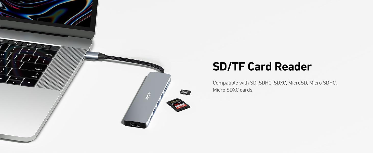 BENFEI New 7in1 Multiport Adapter with USB-C to HDMI 4K@30Hz SD/TF Card Reader/3*USB 3.0/60W Power Delivery, USB C HUB. Direct Supplier Pricing Custom Solutions