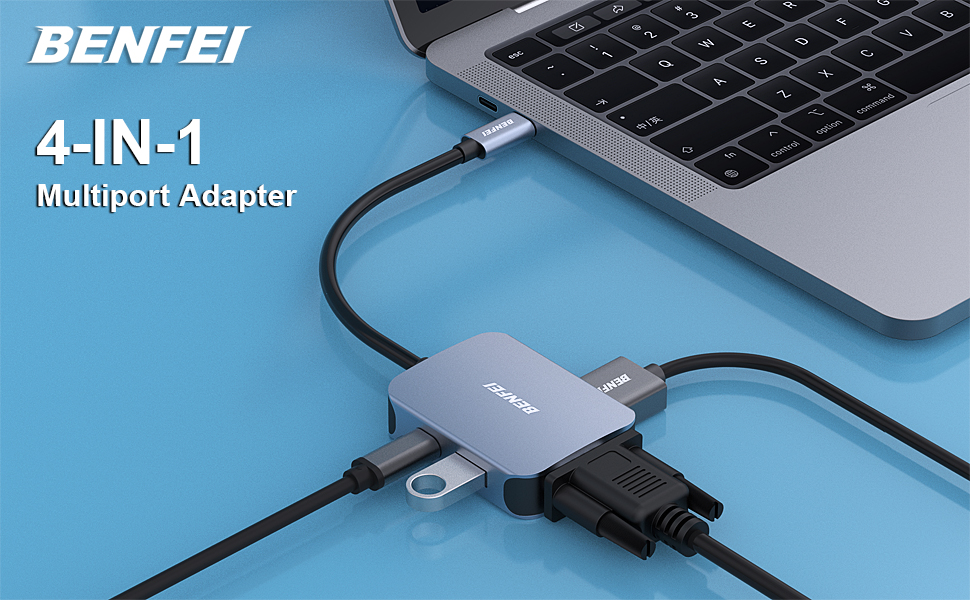 BENFEI USB C HUB 4 in1 Multiport Adapter with USB C to HDMI VGA USB 3.0 and 60W Power Delivery Supplier Wholesale