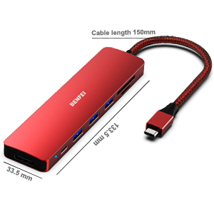 BENFEI USB C HUB 7in1 Multiport Adapter with USB-C to HDMI 4K@30Hz SD/TF Card Reader/3*USB 3.0/60W Power Delivery China Bulk Supplier Customization