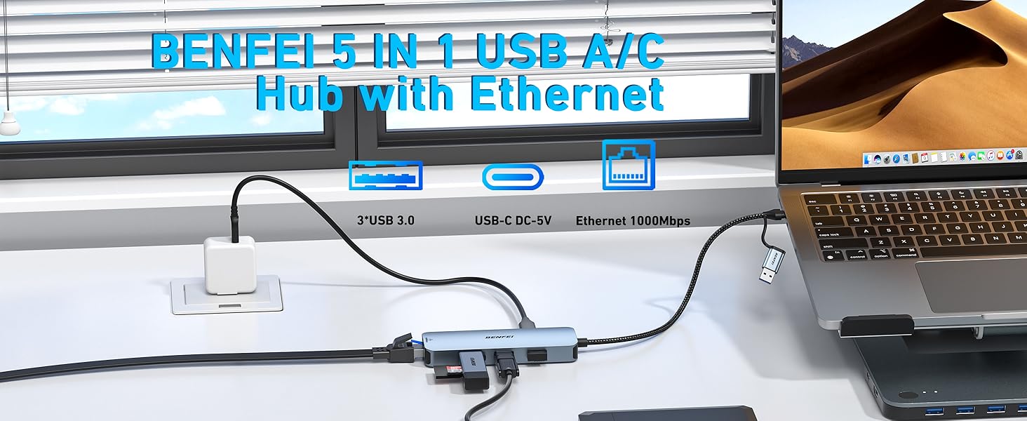 BENFEI USB-C USB 3.0 to Gigabit Ethernet Adapter, 3-Port USB 3.0 Hub with RJ45 Bulk Manufacturing Processing