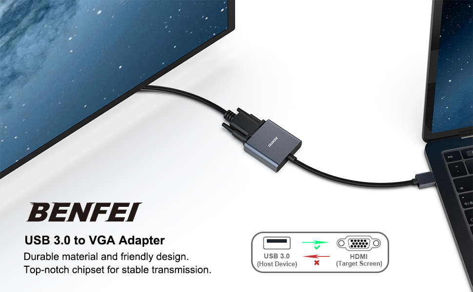 BENFEI USB 3.0 to VGA Adapter, USB 3.0 to VGA Male to Female Adapter for Win11, Win10, Win8.1, Win8, Win7(Not for Mac) Factory to Consumer Services