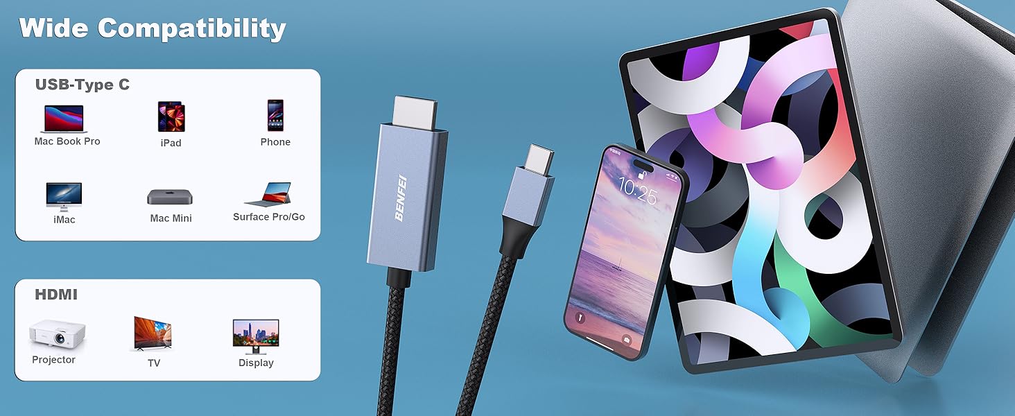 BENFEI USB C to HDMI Cable [4K@60Hz, Aluminum Shell, Nylon Braided], Thunderbolt 3/4 Compatible with iPhone, iPad and More Factory-Owned Wholesale