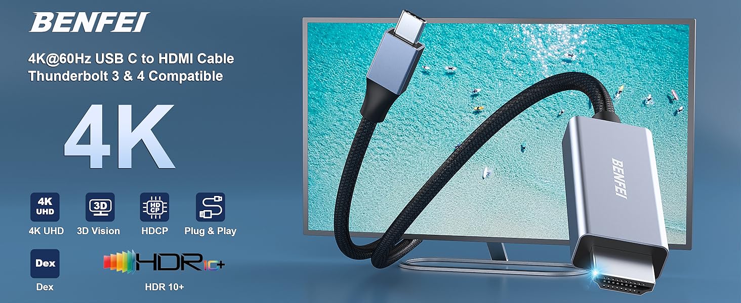 BENFEI USB C to HDMI Cable [4K@60Hz, Aluminum Shell, Nylon Braided], Thunderbolt 3/4 Compatible with iPhone, iPad and More Factory-Owned Wholesale