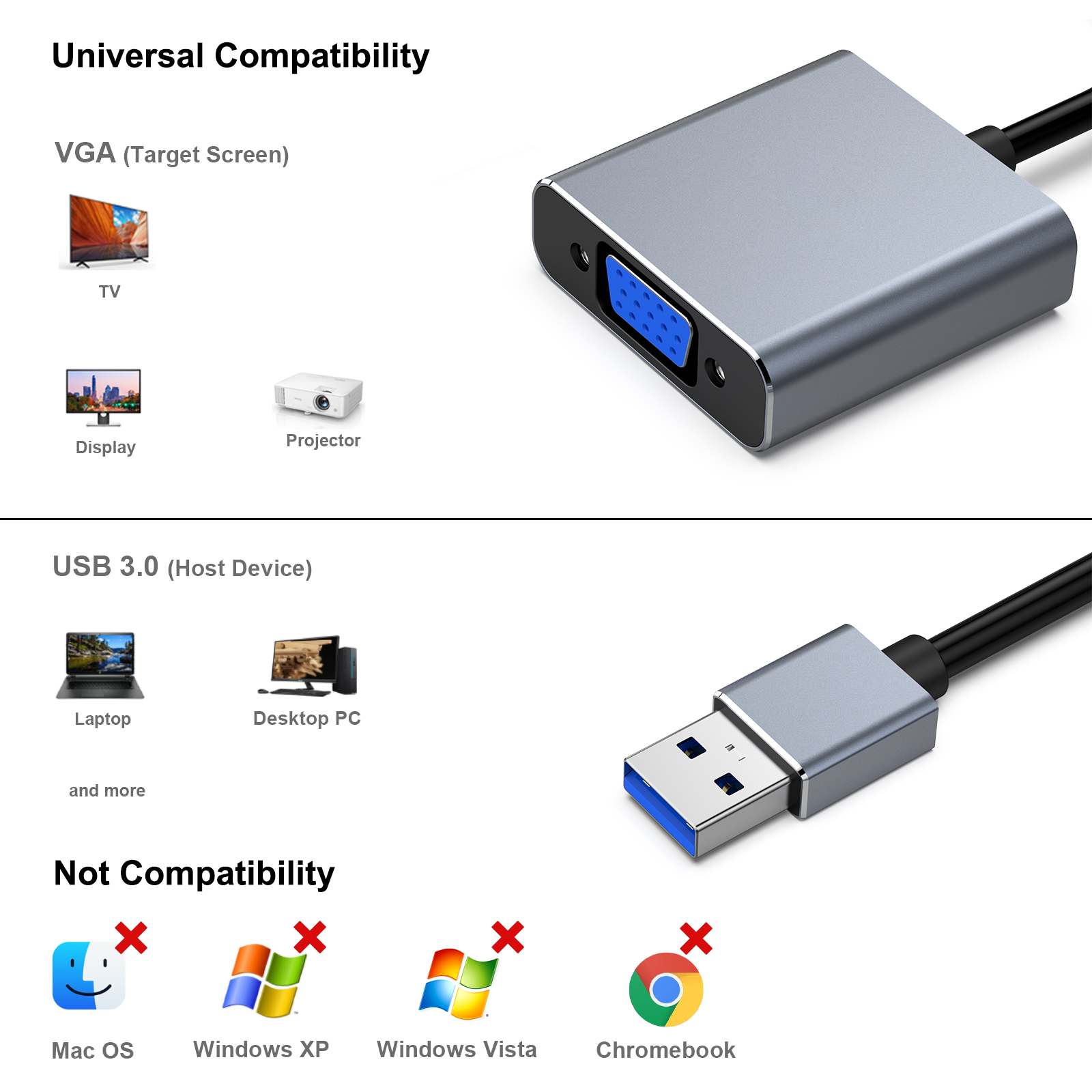Customize USB 3.0 to VGA Adapter, USB 3.0 to VGA Male to Female Adapter for Win11, Win10, Win8.1, Win8, Win7(Not for Mac) Large-Scale Factory