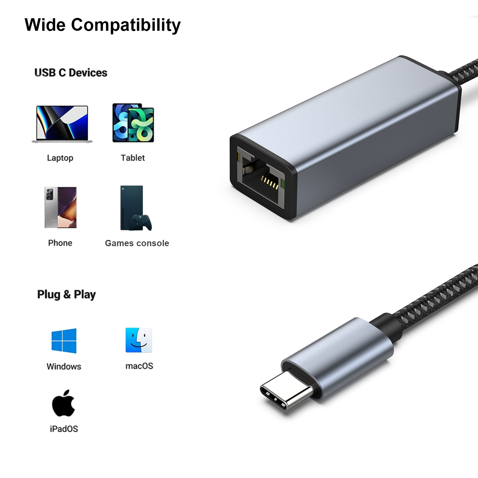 Customize USB-C to Ethernet Adapter, type c to RJ45 Gigabit 1000Mbps Ethernet LAN Adapter Braided nylon cable aluminum case Discount Factory Services
