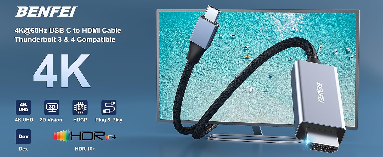 USB C to HDMI 0.9 Meter Cable 4K@60Hz, Aluminum Shell, Nylon Braided, Thunderbolt 3/4 Compatible, Type C To HDMI Cable. China Factory Direct