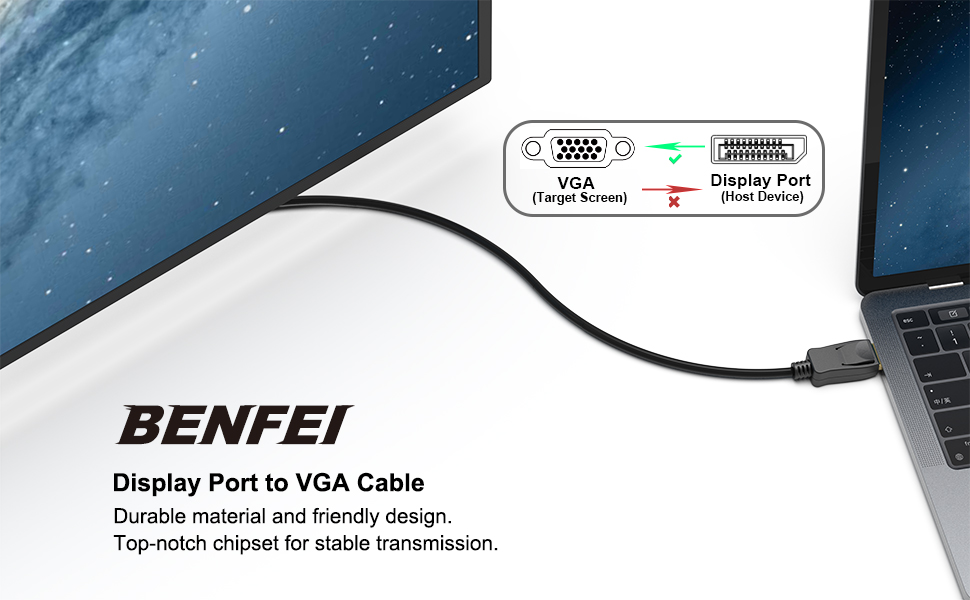 BENFEI DisplayPort to VGA 1.8 Meter Cable, DP DisplayPort to VGA Cable Male to Male Gold-Plated Cord Factory Direct Sales Export