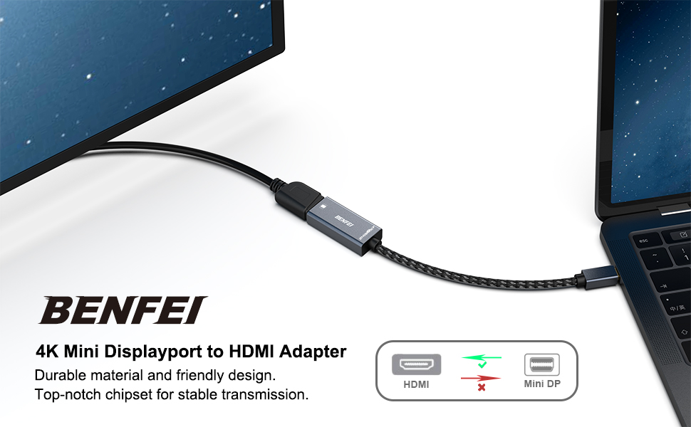 BENFEI Mini DisplayPort to HDMI Adapter 4K@60Hz, Thunderbolt 2 to HDMI Adapter Gold-Plated Connectors; Aluminium Case Export Wholesale