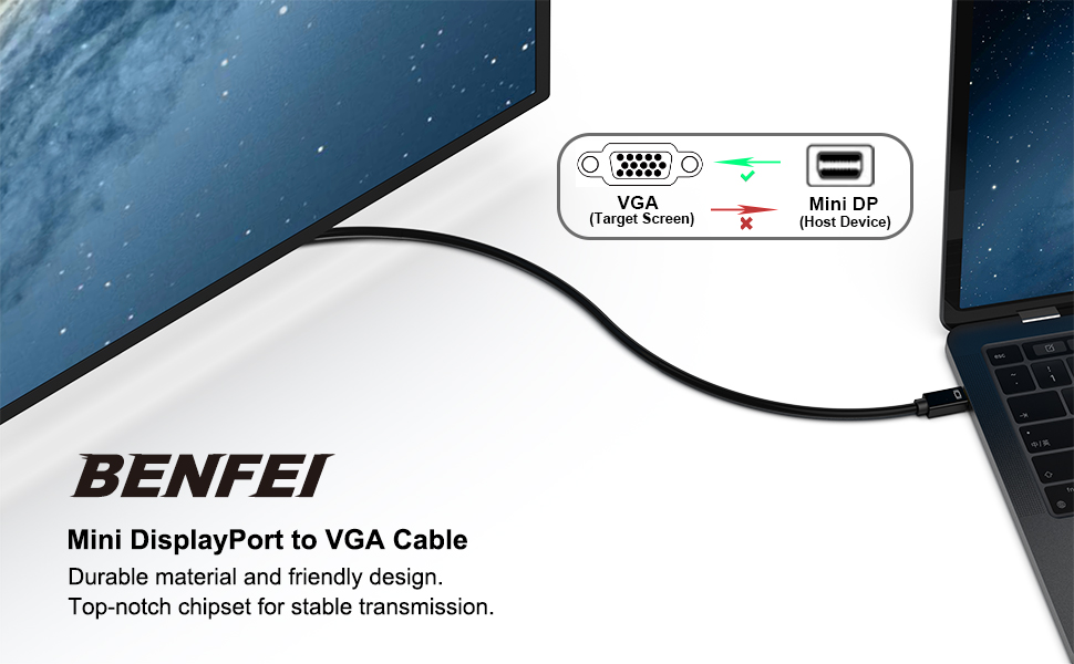 BENFEI Mini DisplayPort to VGA 6 Feet/ 1.8 Meter Cable, Mini DisplayPort to VGA Cable (Thunderbolt 2 Compatible) China Production Hub