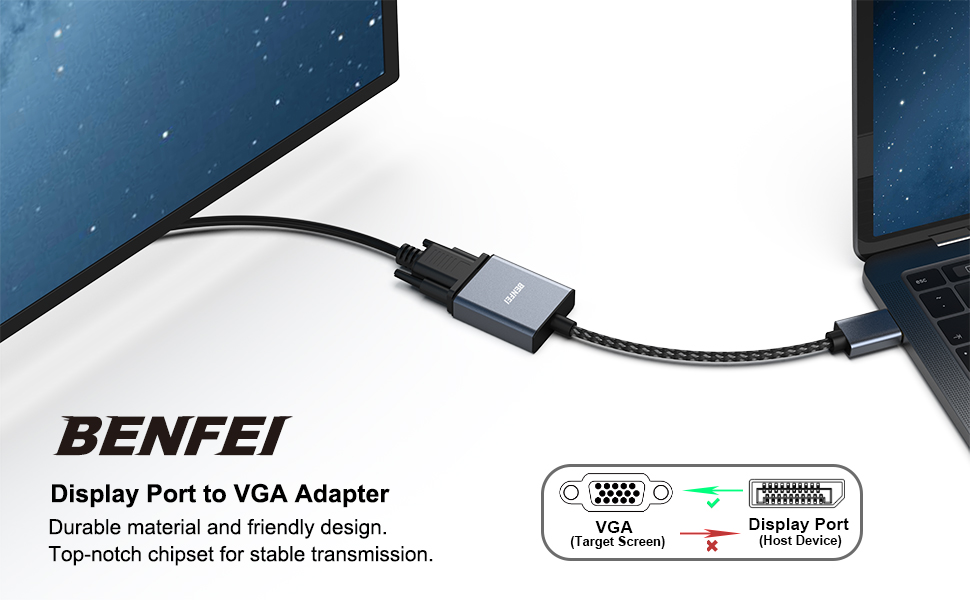 DisplayPort to VGA, Benfei DisplayPort to VGA Adapter Male to Female Gold-Plated Cord, Aluminum Case Industrial Wholesale
