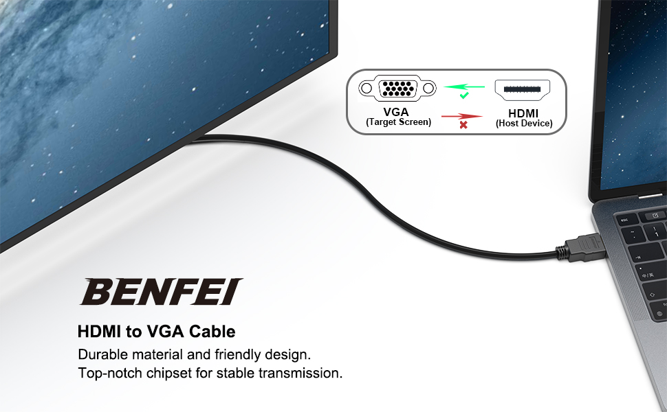 BENFEI HDMI to VGA 0.9 Meter Cable, Uni-Directional HDMI to VGA Cable  Male to Male Factory Pricing