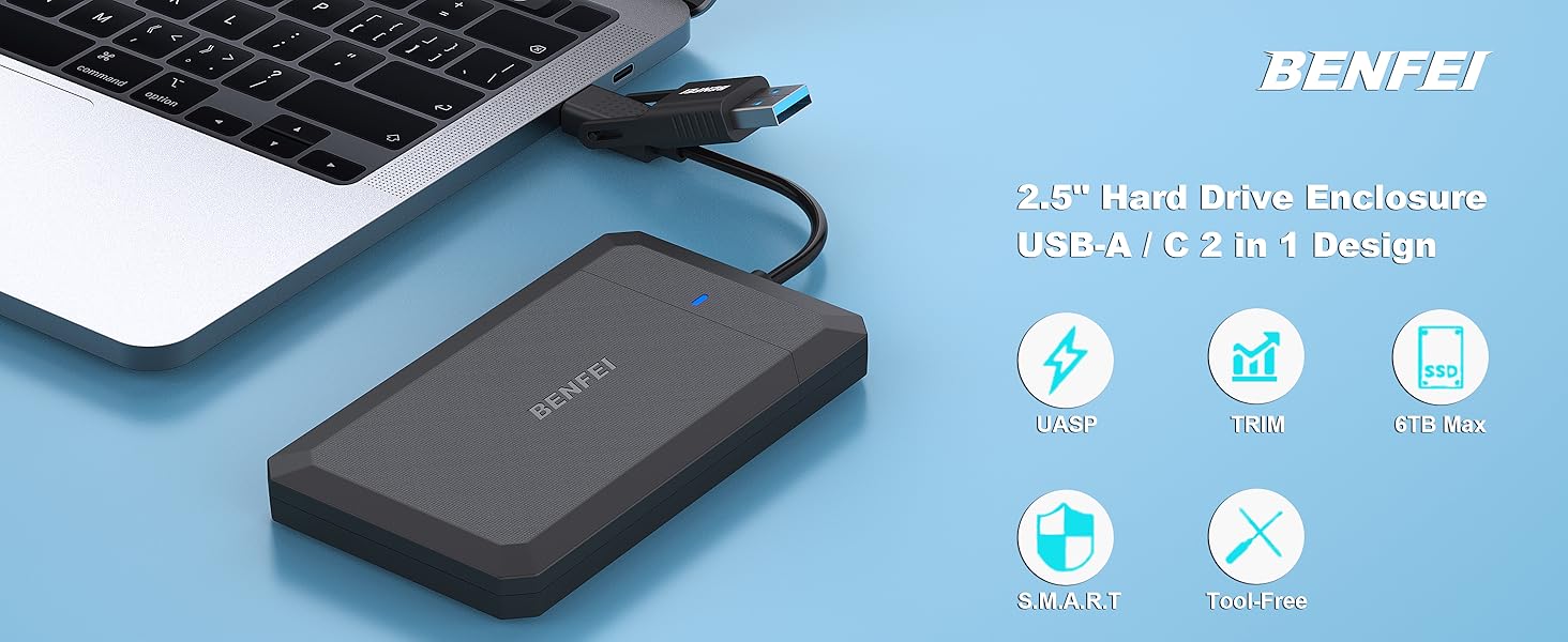 BENFEI 2.5 Inch SATA to USB Tool Free External Hard Drive Enclosure,Type-C/A to Sata Compatible for 2.5 Inch SSD, Nvme Enclosure China-based Manufacturer