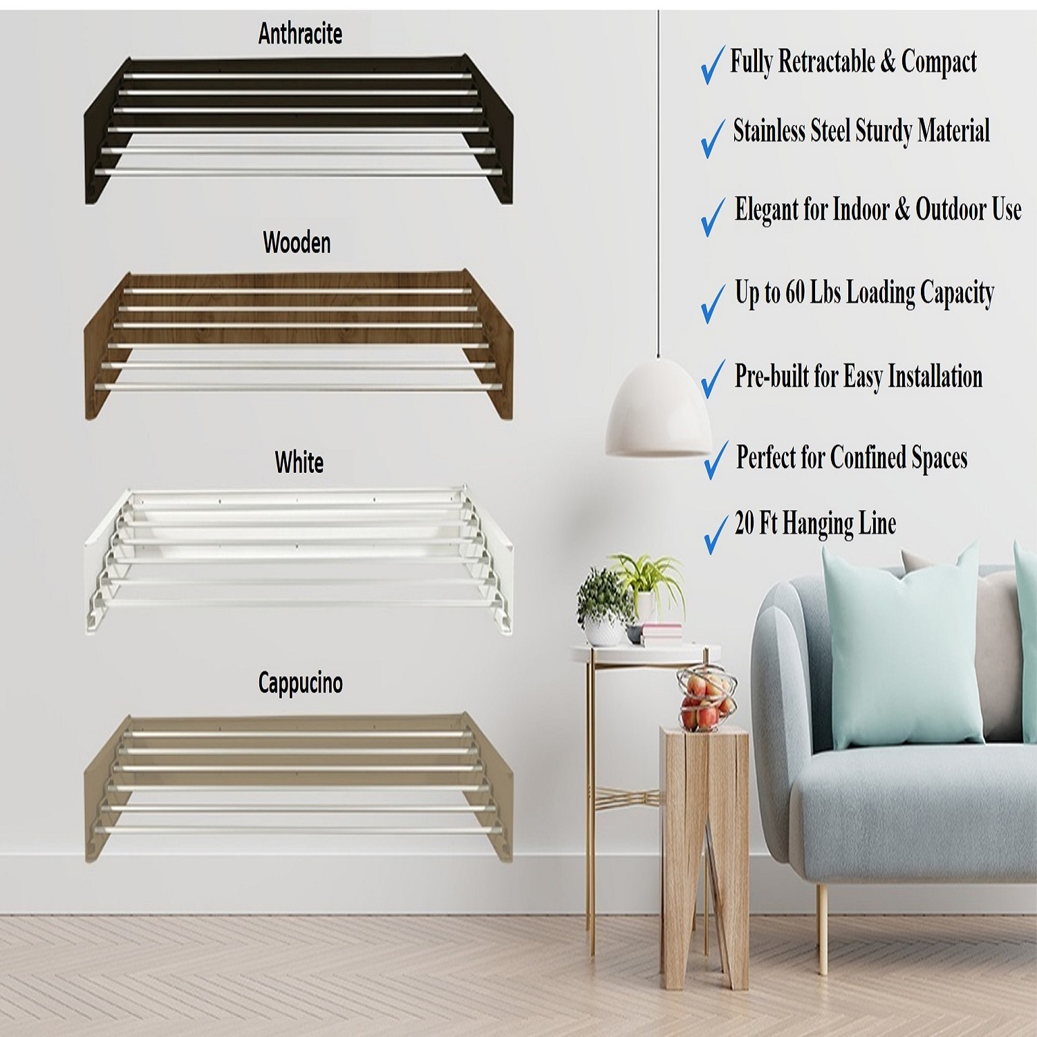 NEBU RETRACTABLE WALL MOUNTED CLOHTES DRYING RACK 40"/100CM-CAPPUCCINO