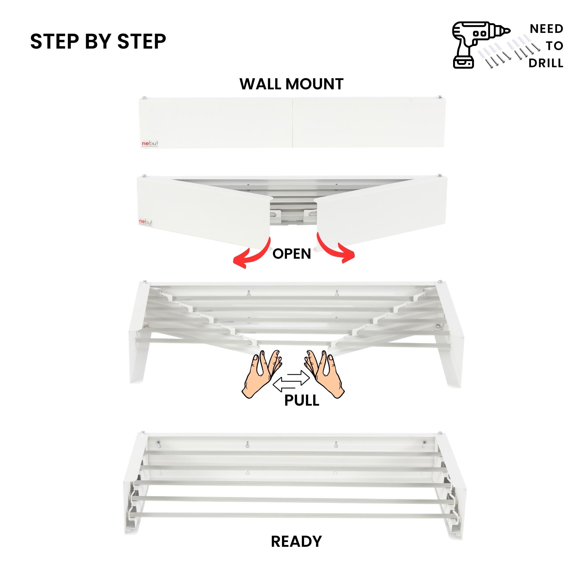 NEBU RETRACTABLE WALL MOUNTED CLOHTES DRYING RACK 28"/70CM-WHITE