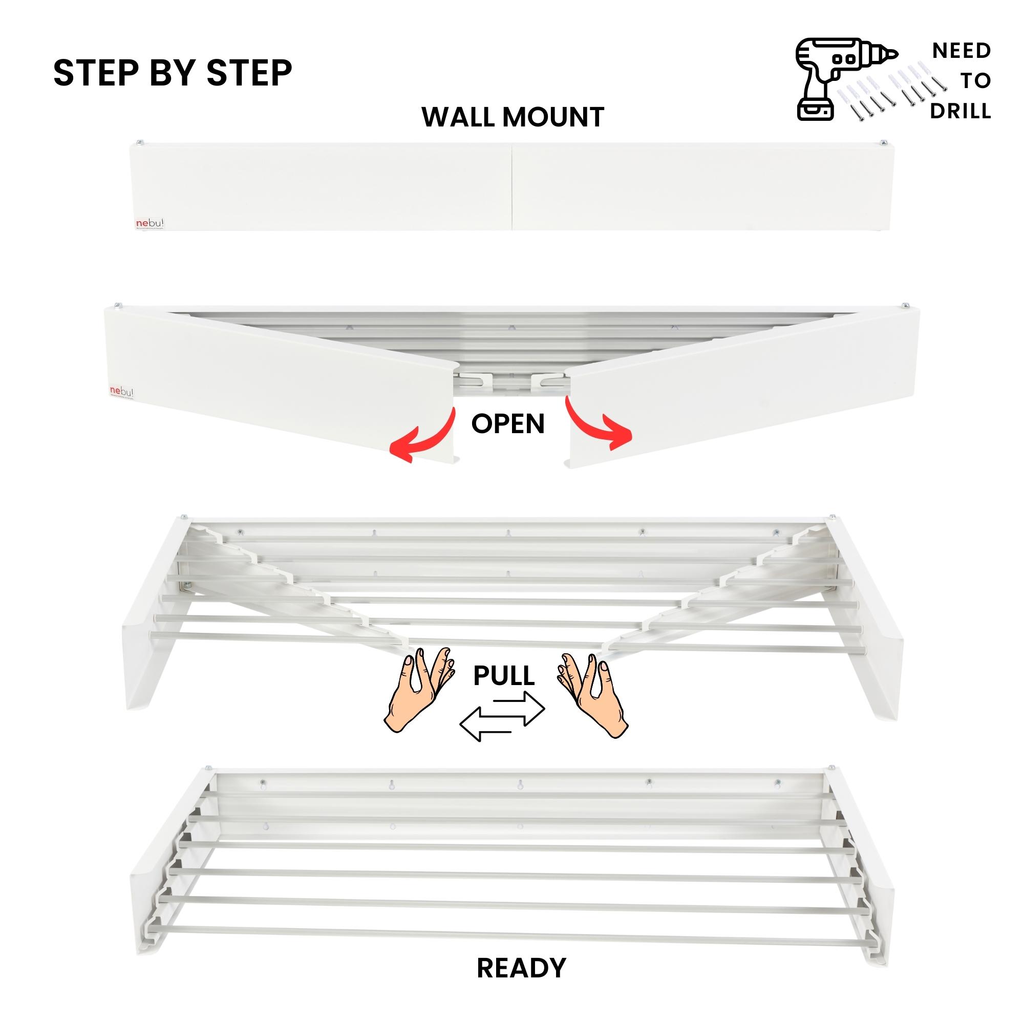 NEBU RETRACTABLE WALL MOUNTED CLOHTES DRYING RACK 40"/100CM-WHITE